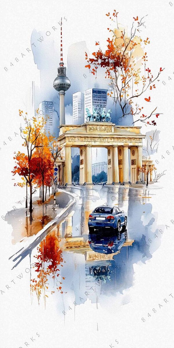 Watercolor painting of Berlin's Brandenburg Gate with autumn trees and city skyline.