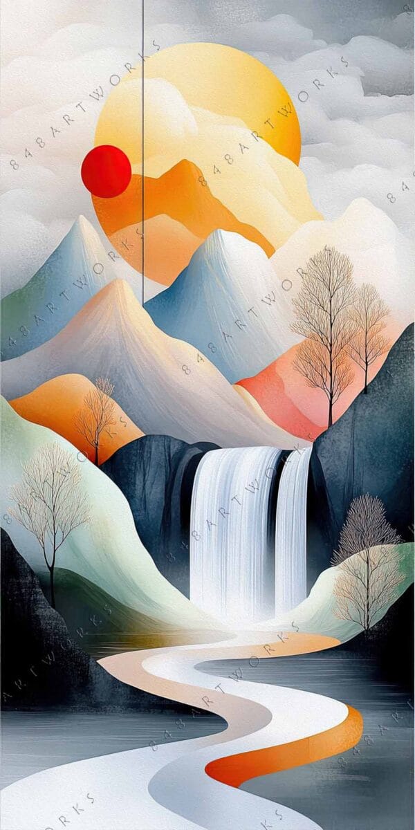 "Surreal digital artwork of mountains and waterfall in pastel orange, blue, and gray hues."