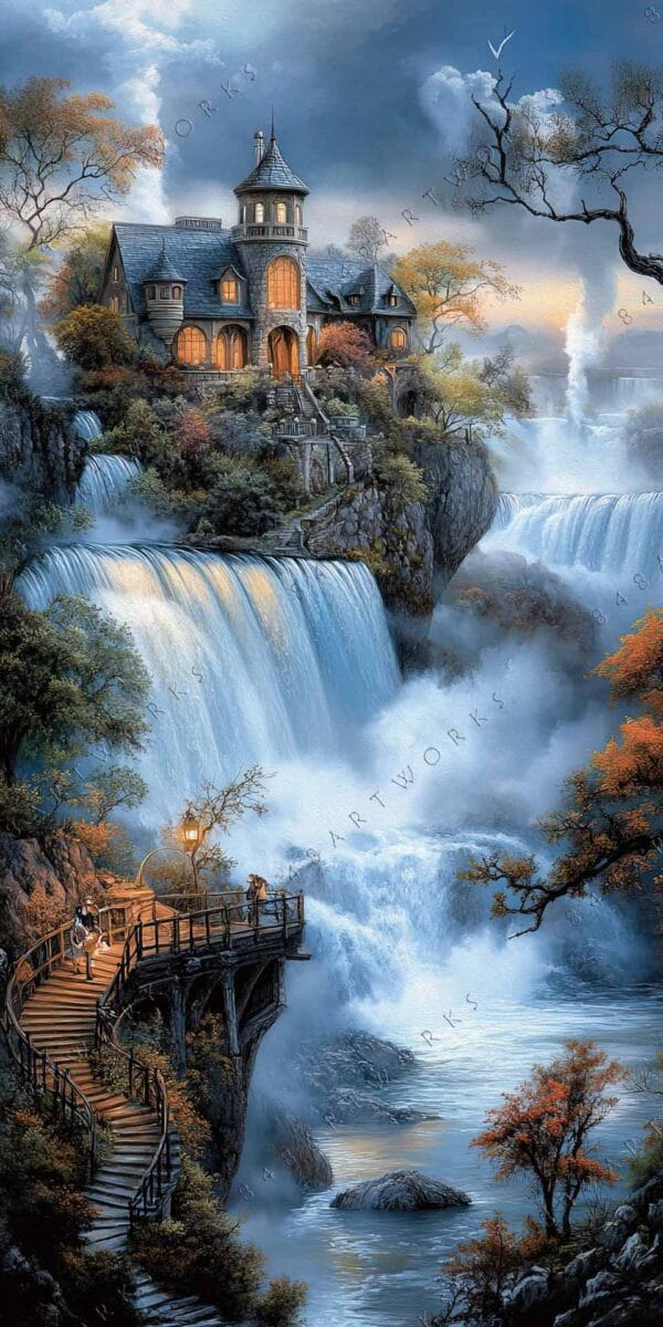 Fantasy digital painting of a manor on a cliff by cascading waterfalls.
