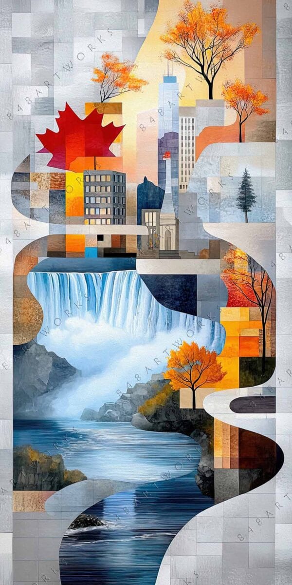 "Geometric digital art of autumn trees, cityscape, waterfall, and river in warm tones."