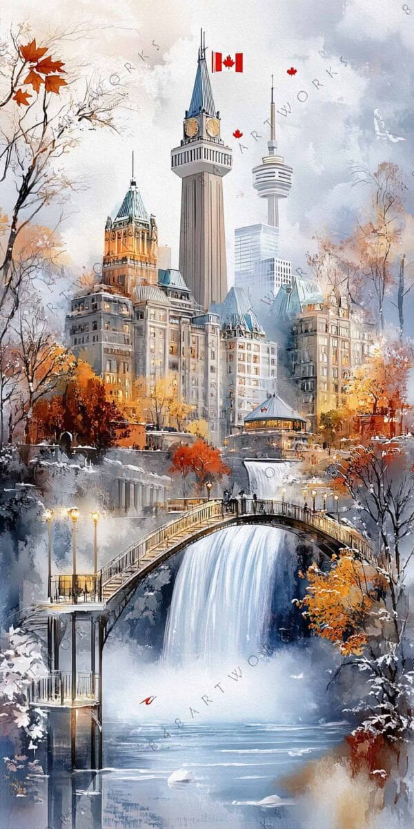 Digital painting of a vibrant cityscape with autumn trees and a snowy waterfall.