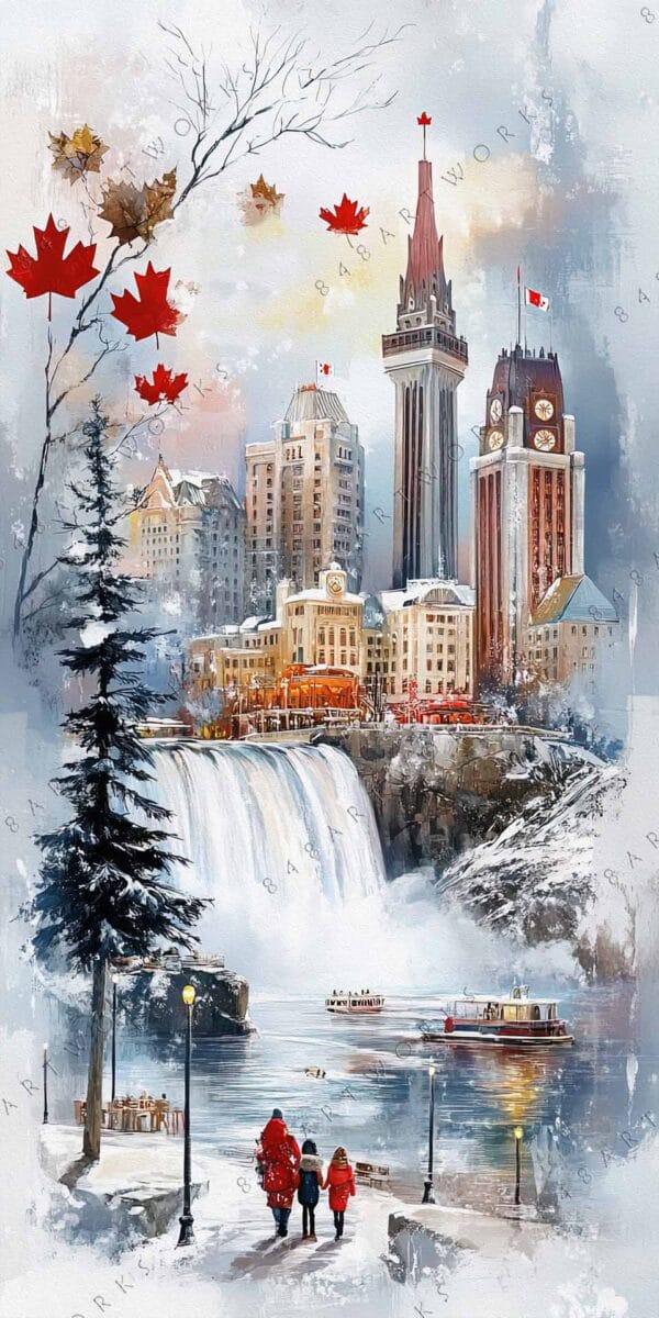 "Digital painting of a snowy cityscape with waterfalls, red maple leaves, and people walking."