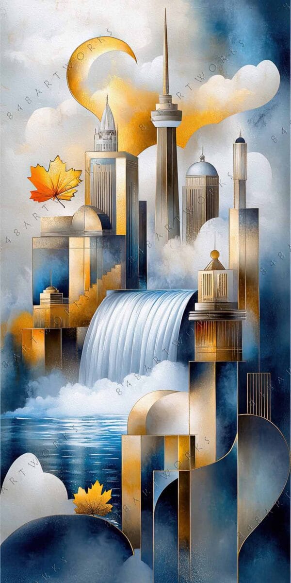 "Surreal digital painting of futuristic cityscape with golden tones and abstract elements."