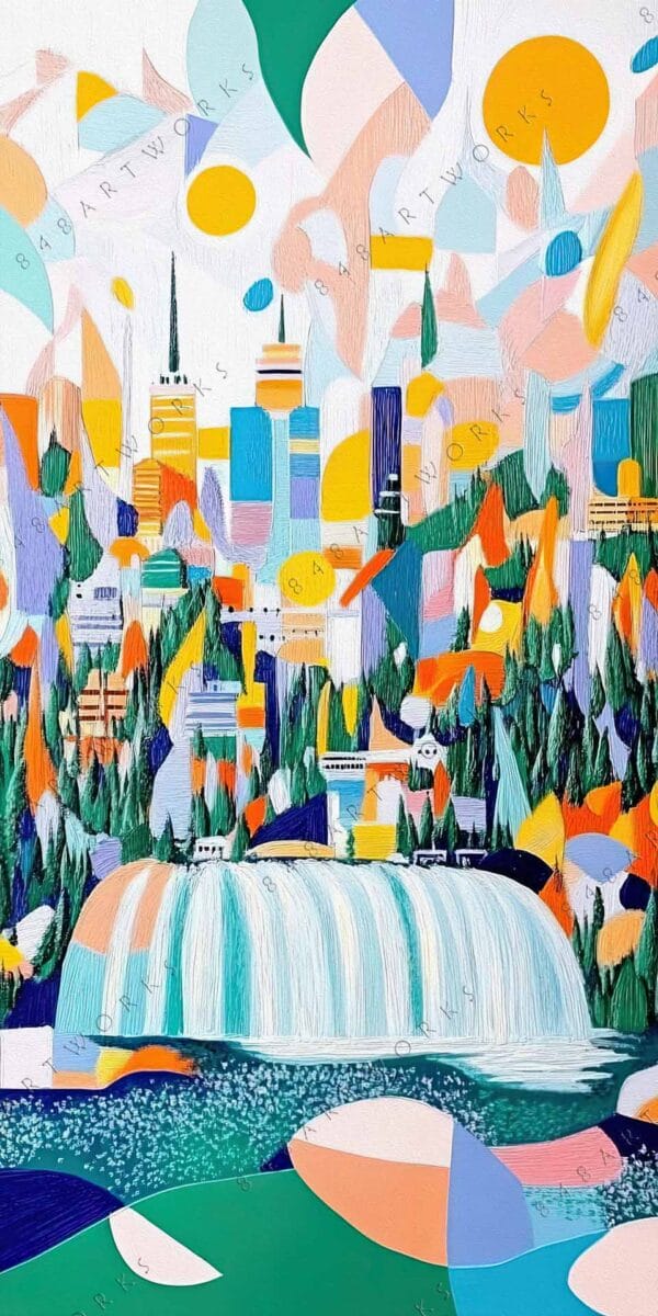 "Abstract painting of a colorful cityscape with trees and a waterfall."