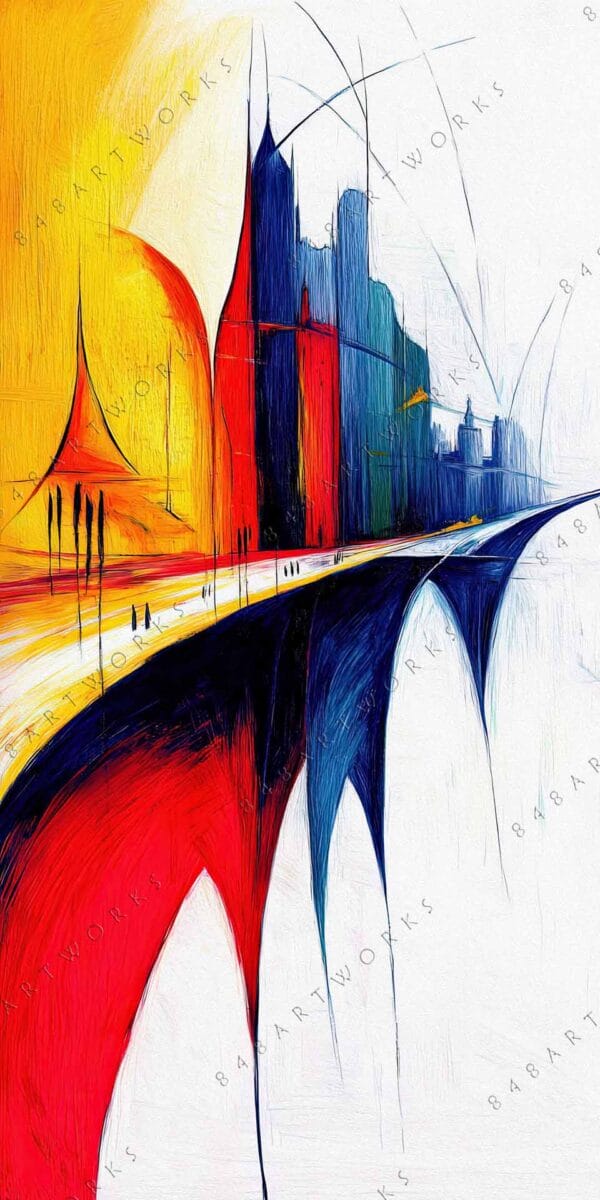 Abstract digital painting of a cityscape in vibrant yellow, red, and blue tones.