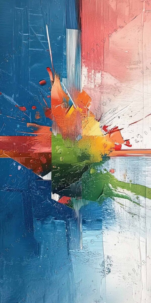 Abstract painting with splashes of blue, green, orange, and red on a textured background.