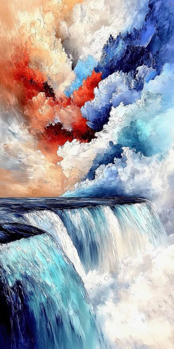 "Abstract oil painting of a waterfall with textured clouds in blue and orange hues."