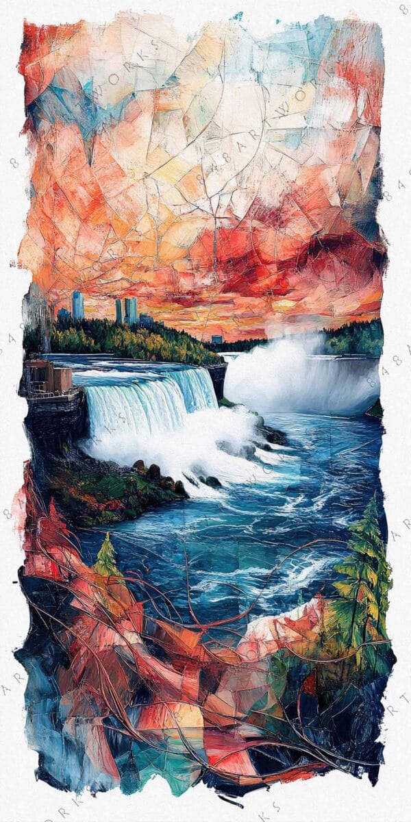 "Abstract digital painting of a waterfall with vibrant red, blue, and orange tones."