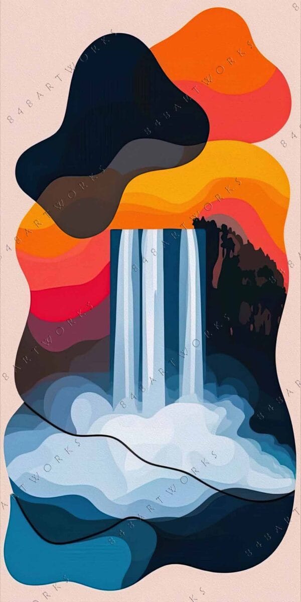 "Abstract digital art of a waterfall with bold orange, red, and blue shapes."