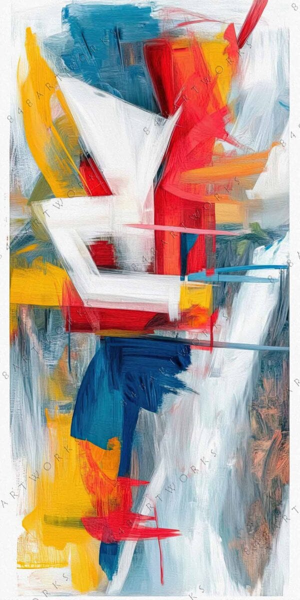 "Abstract painting with bold red, blue, yellow, and white brush strokes."