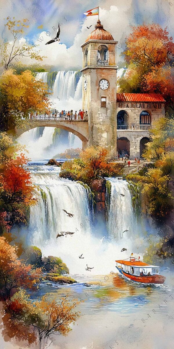 Watercolor painting of a clock tower by a waterfall, autumn trees, and a boat.