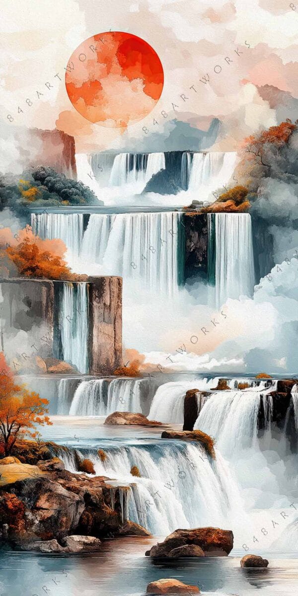 "Digital painting of cascading waterfalls with a red sun and autumn foliage."
