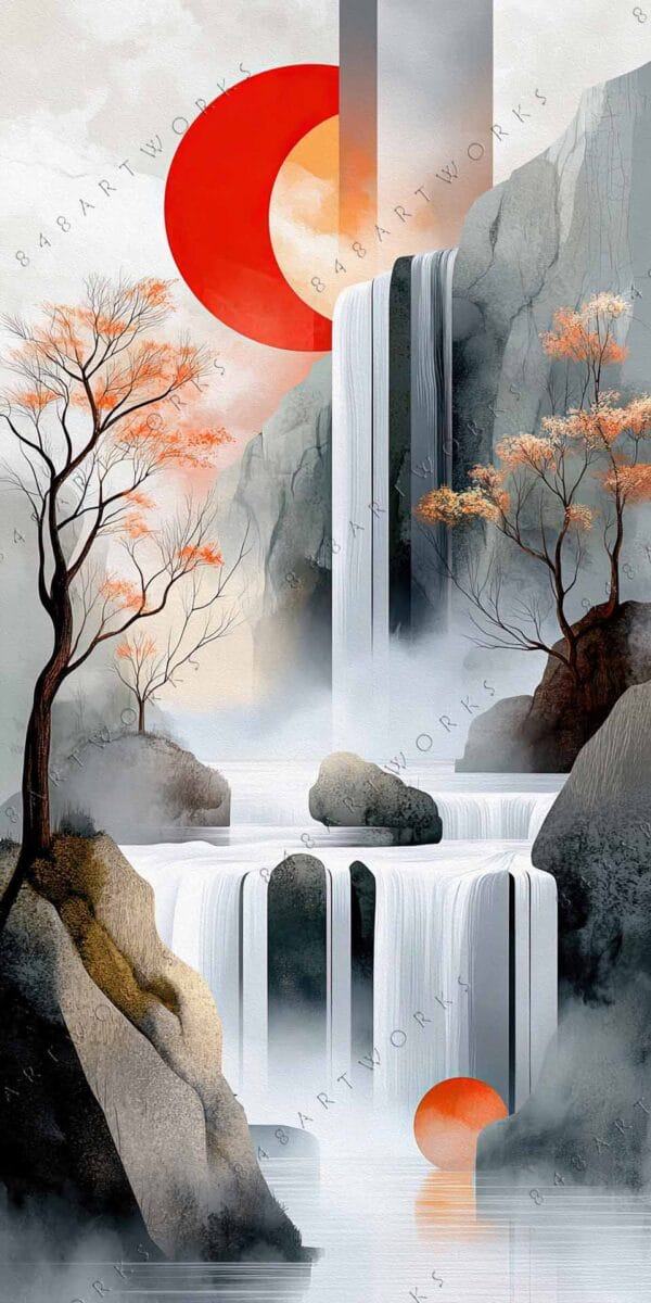"Digital painting of a serene waterfall scene with orange trees and geometric shapes."