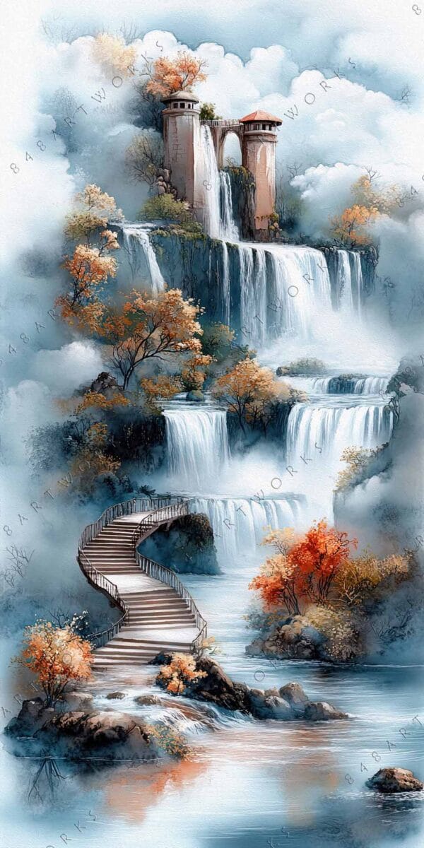 "Fantasy watercolor painting of waterfalls and staircase among autumn trees and misty clouds."