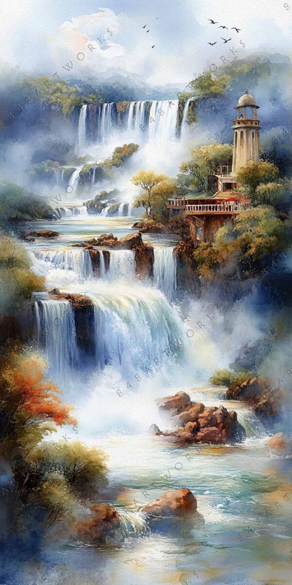 "Watercolor painting of cascading waterfalls and a tower amidst lush greenery and mist."