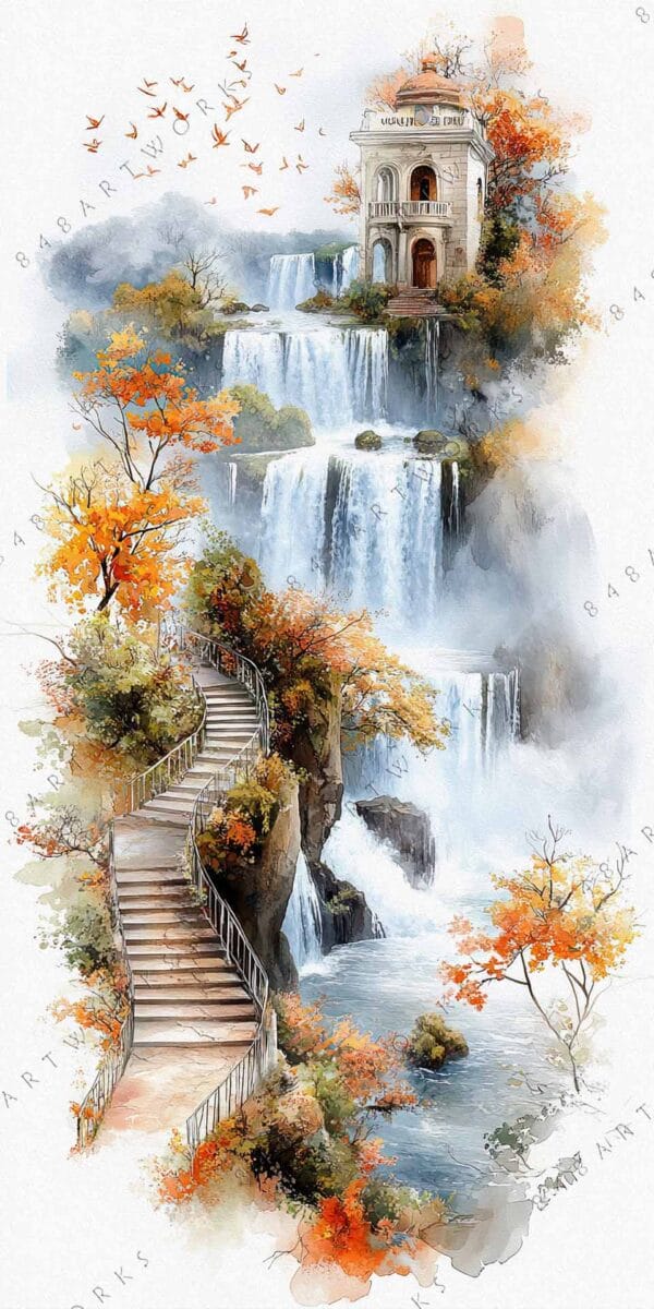 "Watercolor painting of cascading waterfalls, autumn trees, and a stairway leading to a house."