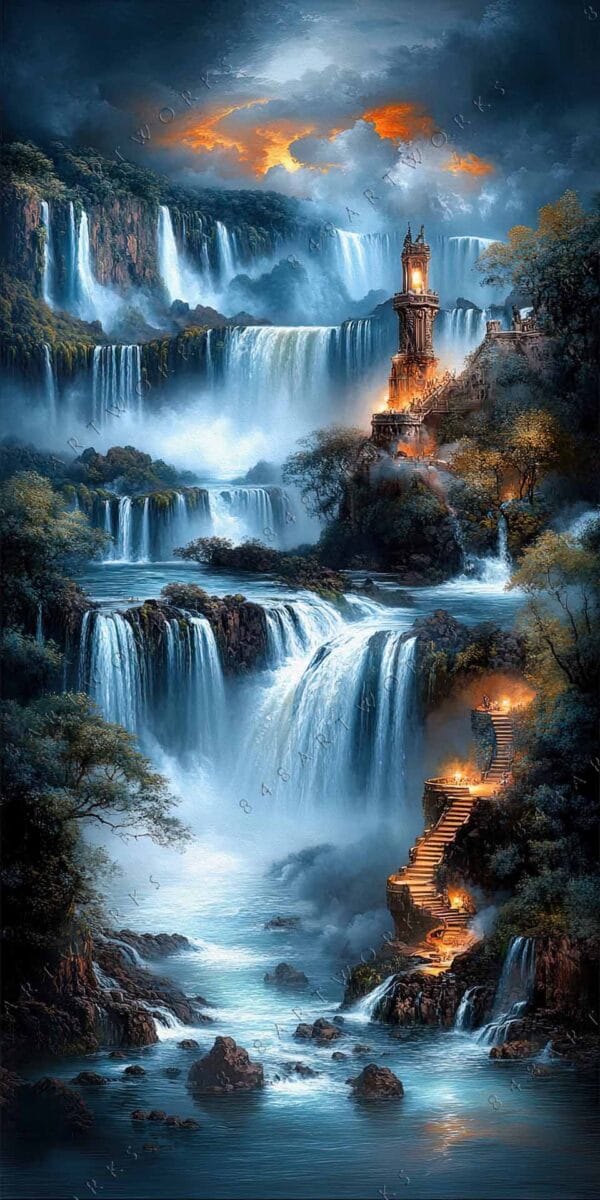 Fantasy digital painting of cascading waterfalls and a tower in a dramatic sky.