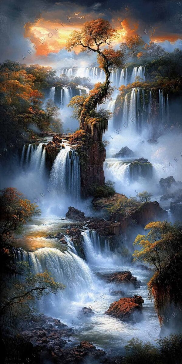 Surreal digital painting of cascading waterfalls and trees under a dramatic, vivid sky.