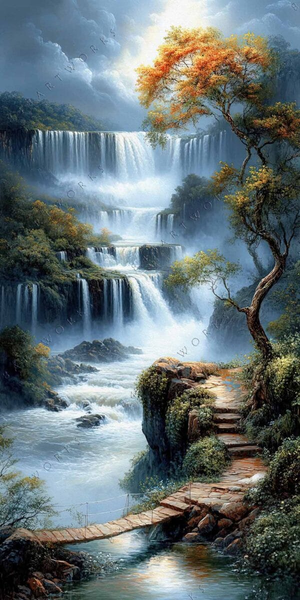 "Realistic painting of cascading waterfalls, vibrant autumn tree, and rustic bridge in serene landscape."