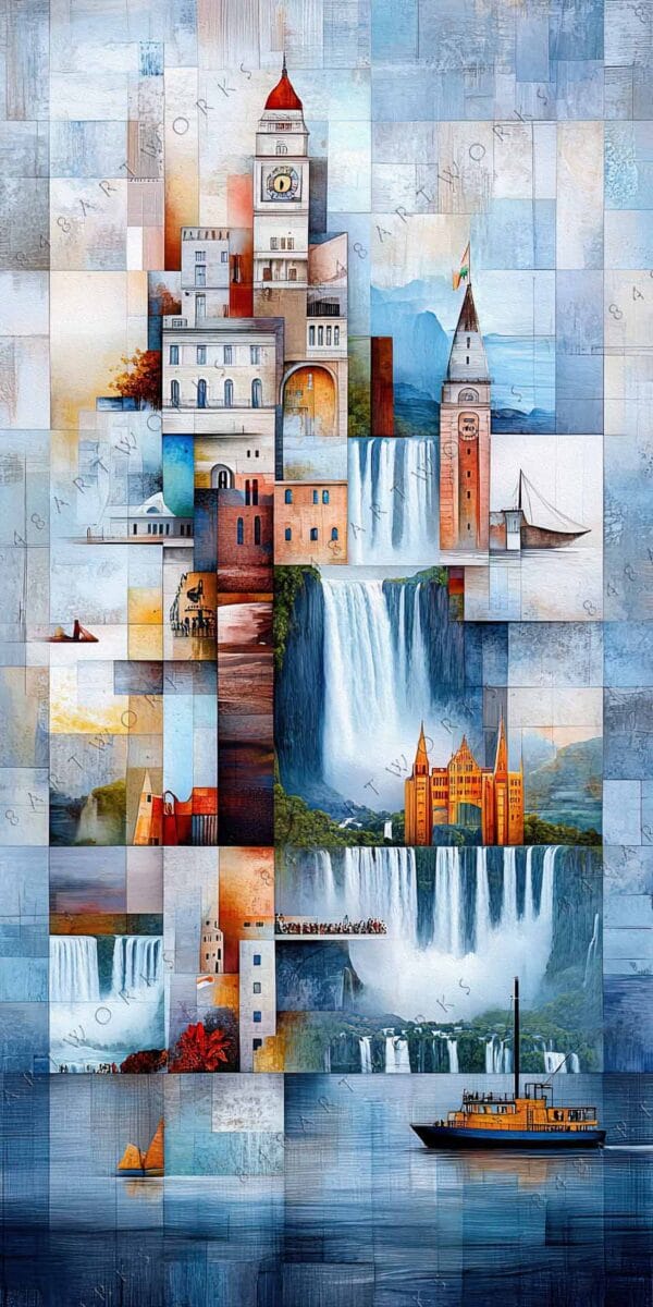 "Digital art collage of buildings and waterfalls in blue and orange geometric patterns."