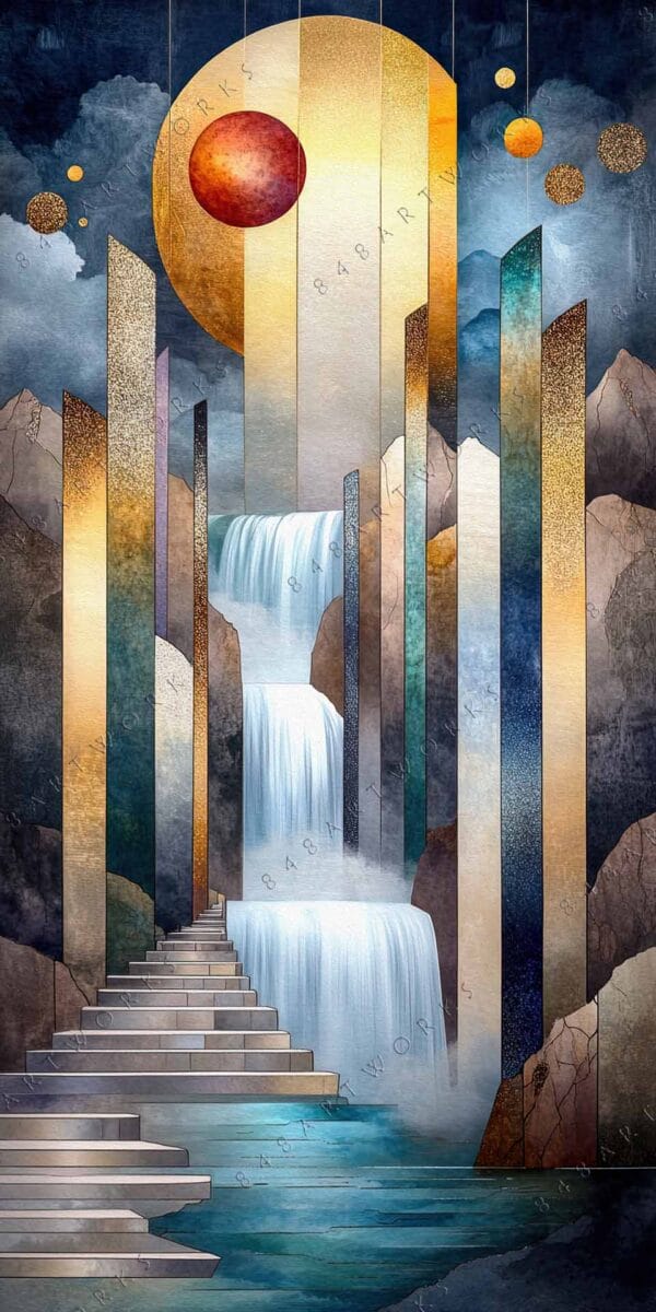 "Surreal digital painting of cascading waterfall, geometric columns, and celestial spheres in mixed hues."
