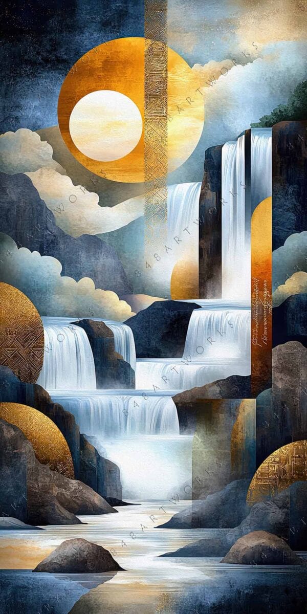 Abstract digital art of waterfalls with blue, gold, and white geometric elements.