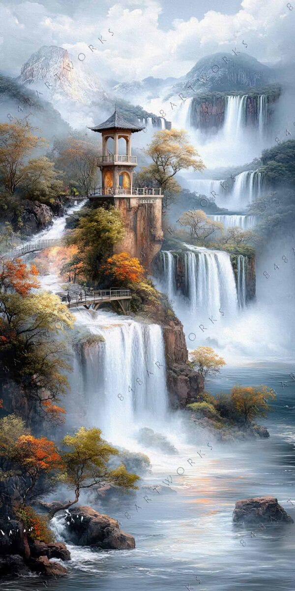 Digital painting of a pagoda on a cliff surrounded by cascading waterfalls.