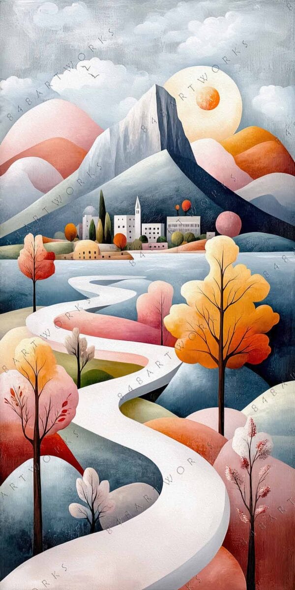 "Surreal landscape painting with winding road, colorful trees, and mountains under cloudy sky."