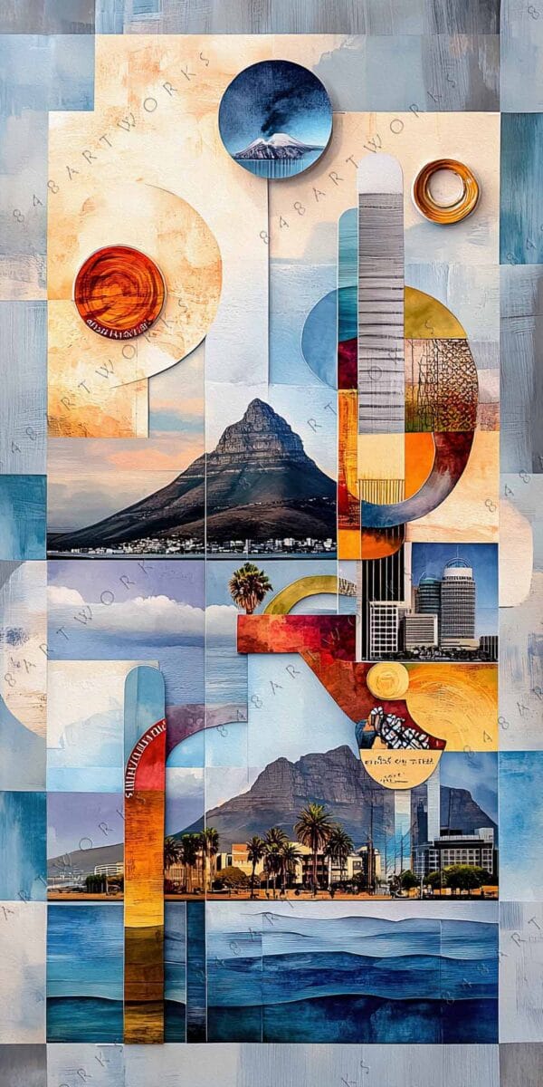"Geometric collage featuring mountains, cityscapes, and abstract shapes in blues and earthy tones."