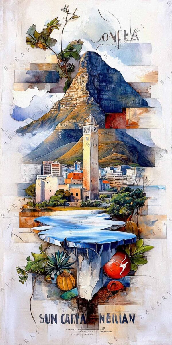 Surreal digital collage featuring a mountain, clock tower, and colorful geometric elements.