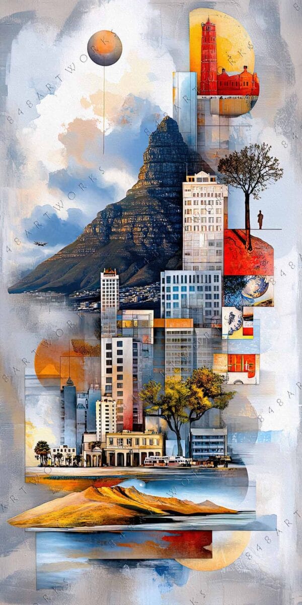 "Surreal digital collage of cityscape and mountain with abstract geometric elements in earthy tones."