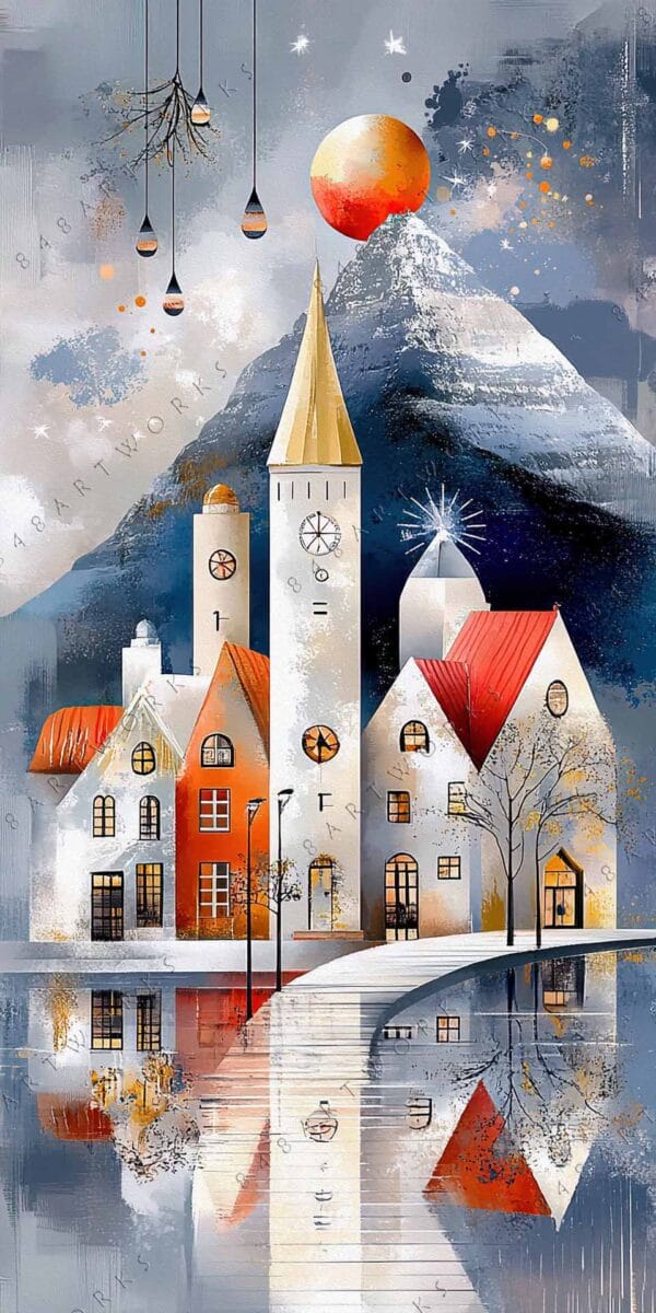 Surreal digital painting of quaint village with mountains, abstract sky, and reflections.