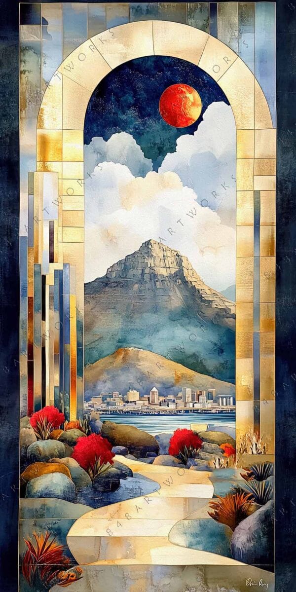 "Surreal digital painting of a mountain landscape framed by an arched stone window."