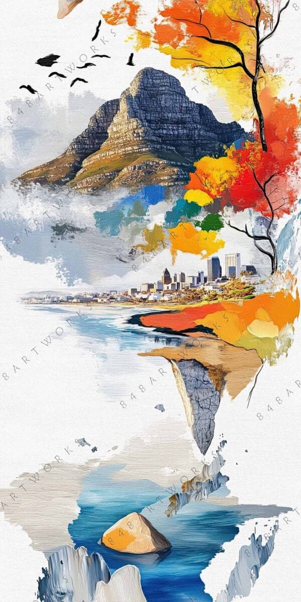 "Colorful digital painting of a mountain, cityscape, and autumn tree with abstract elements."
