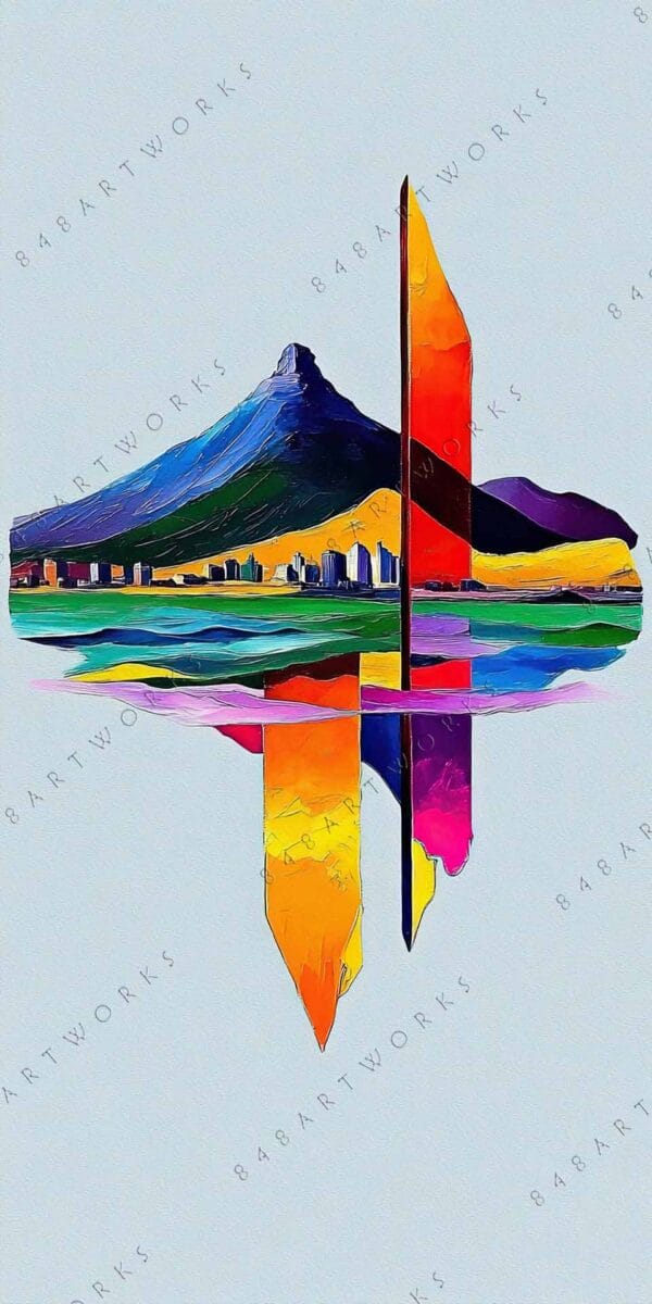 "Abstract digital art of a colorful mountain and cityscape with mirrored reflections."
