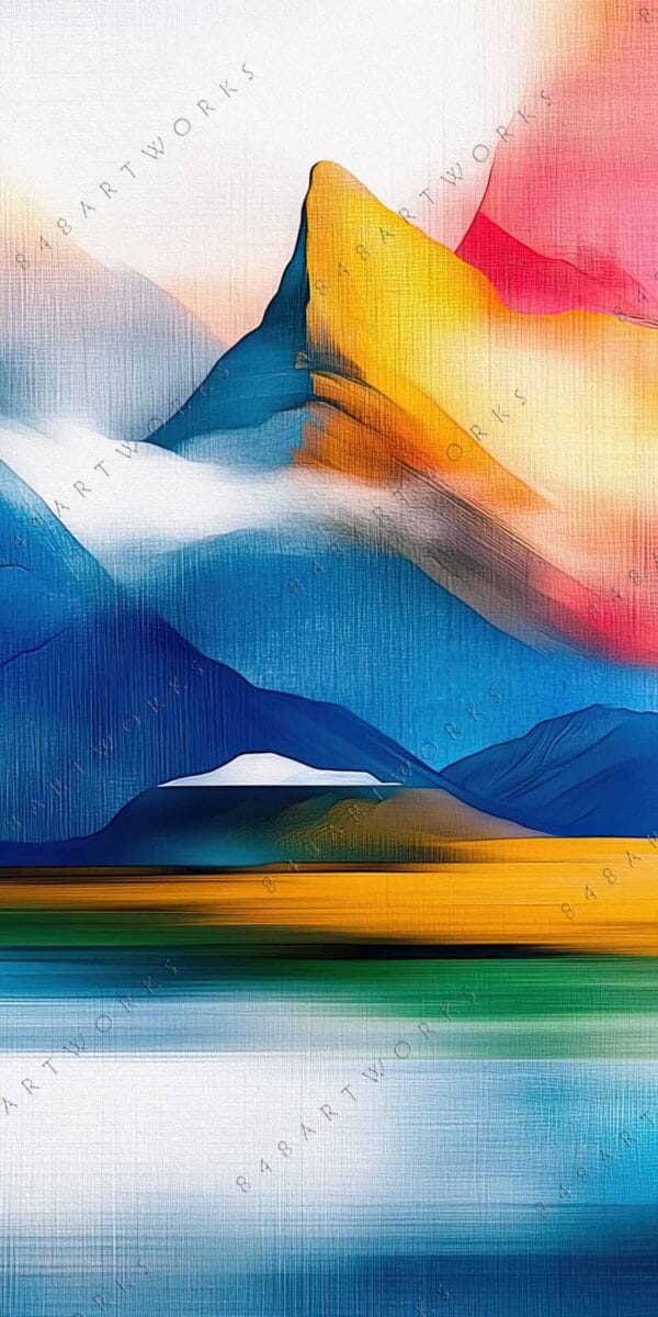 Abstract digital painting of colorful mountains in vibrant blue, yellow, and red tones.