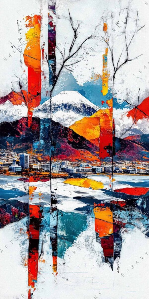 "Abstract painting of mountains with vibrant orange, red, and blue vertical elements."