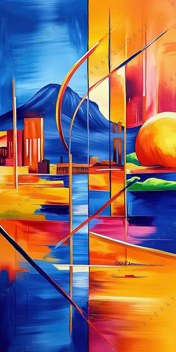 "Abstract painting with vivid orange, blue, and yellow geometric shapes and mountain elements."