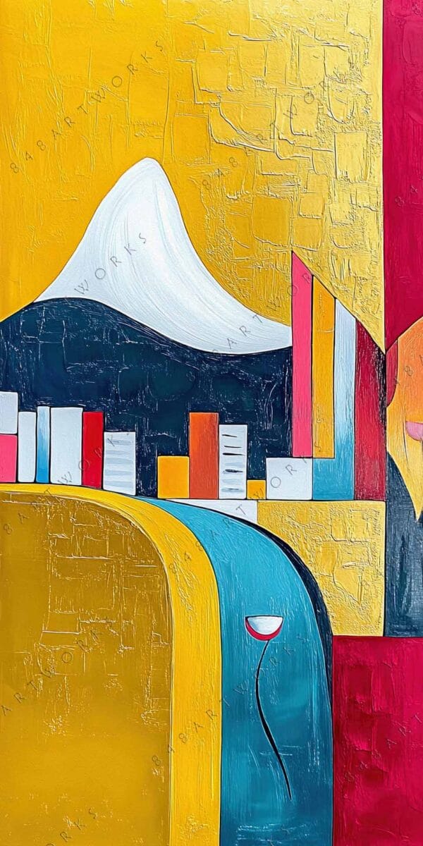 Abstract digital painting with geometric shapes in yellow, blue, red, and white tones.