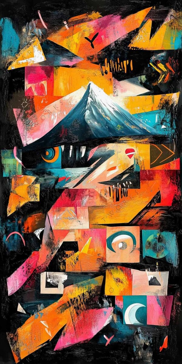 "Abstract digital painting featuring geometric shapes in vibrant orange, blue, and black tones."