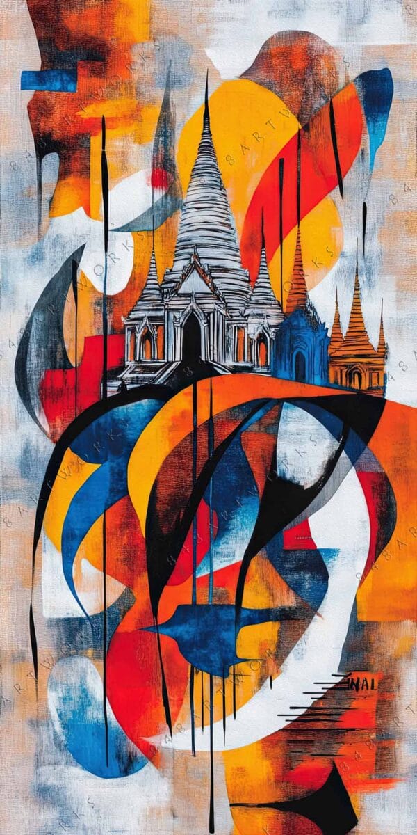 Abstract painting featuring temple spires with bold red, yellow, blue, and black strokes.