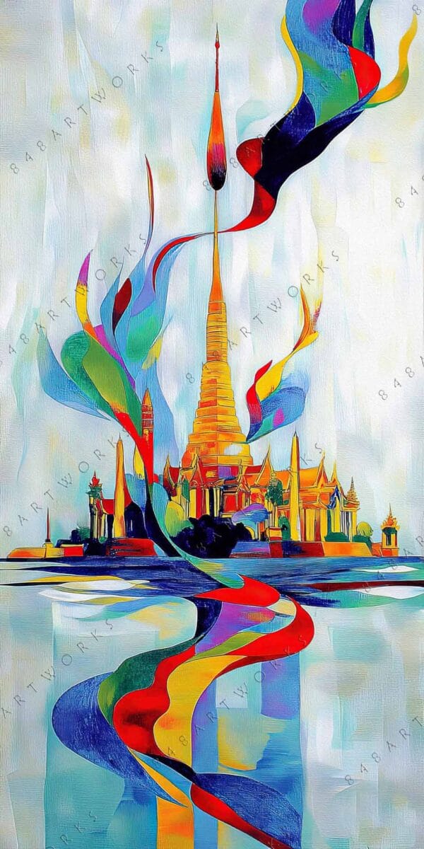 "Colorful abstract digital painting of a vibrant temple with swirling, multicolored ribbons."