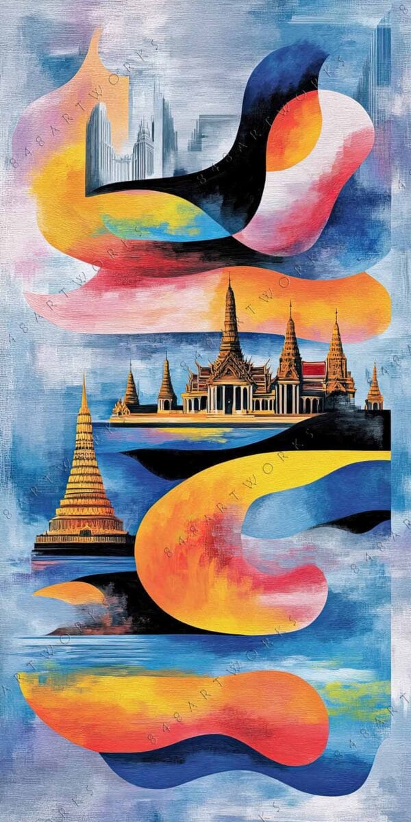 Abstract digital painting featuring vibrant swirls and temples on a blue textured background.