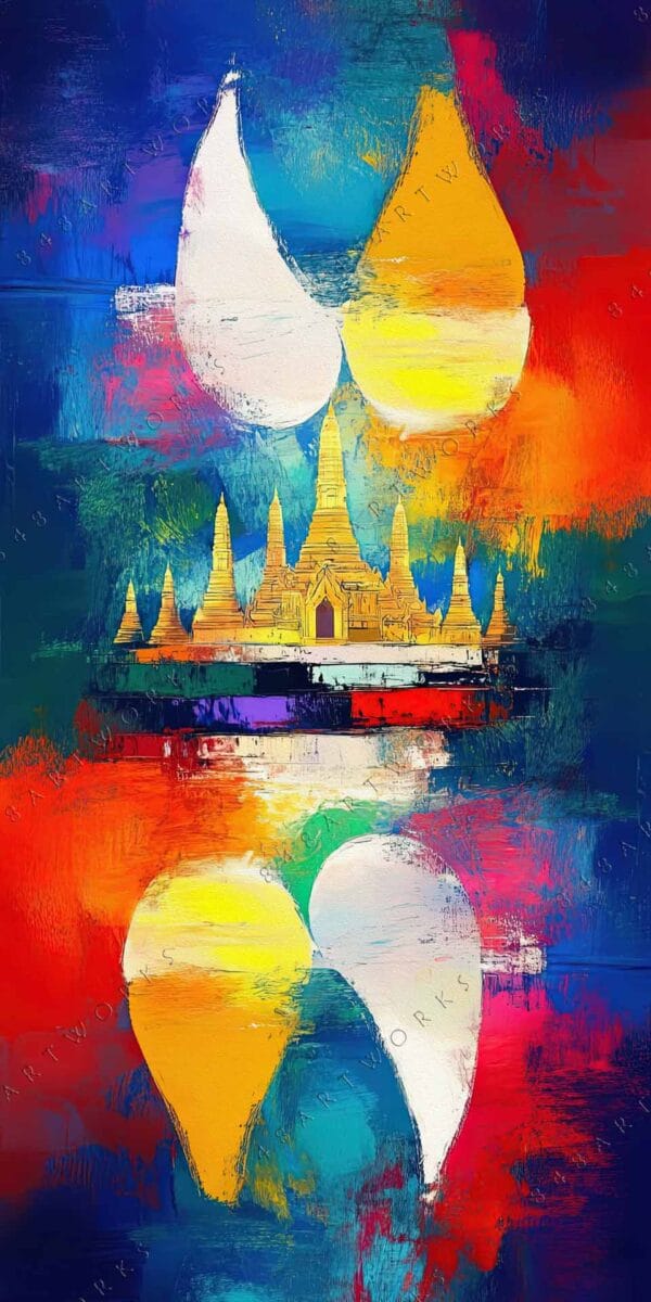 "Abstract digital art of a temple with bold, vibrant colors and mirrored shapes."