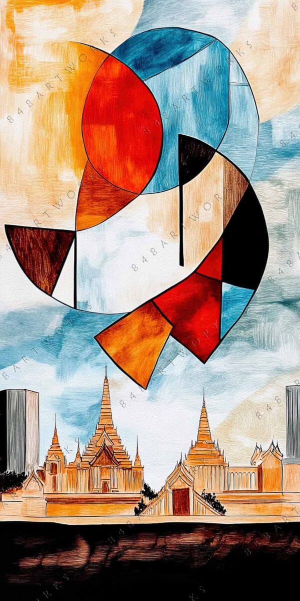 Abstract digital painting with geometric shapes in red, blue, and orange above a temple.