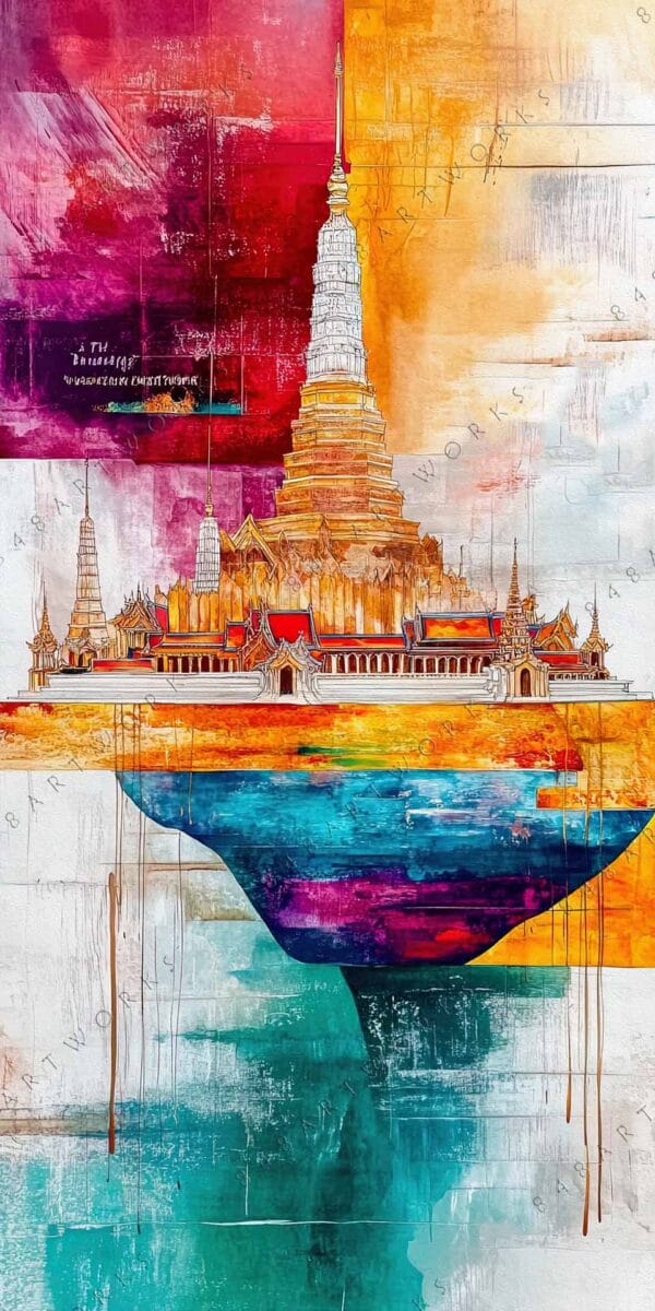 "Vibrant abstract painting of a temple with rich reds, oranges, and teal hues."