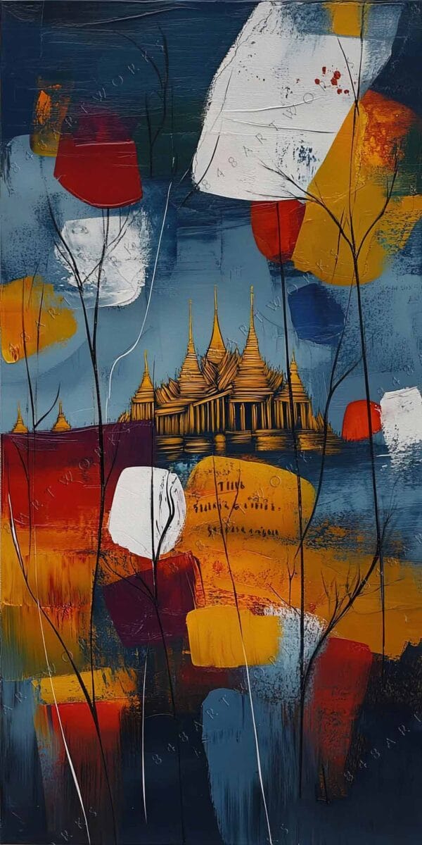 "Abstract painting with temple silhouette, vibrant reds, yellows, and blues, textured brushstrokes."