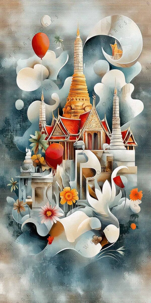 "Surreal digital art of a temple with balloons and flowers, in soft earthy tones."