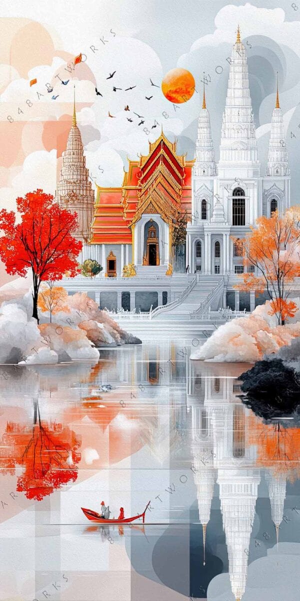 Digital artwork of a grand temple, orange trees, and reflective water with a boat.