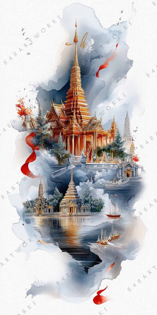 "Digital painting of ornate golden temple with red ribbons, blue-gray watercolor background."